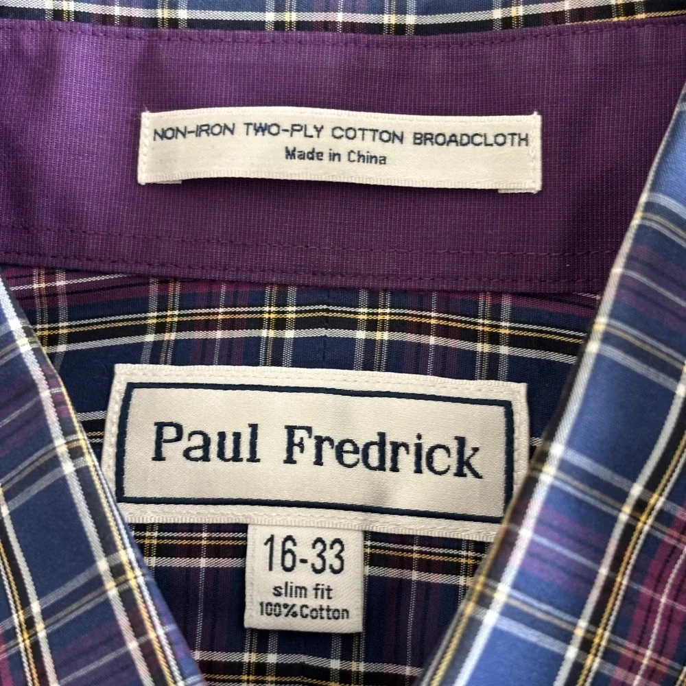 Paul Fredrick Mens 16-33 Slim Fit Non-Iron Cotton Broadcloth Plaid Shirt Purple